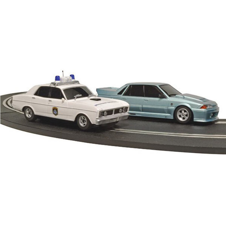 SCALEXTRIC Highway Patrol Set Holden VL Commodore vs Ford XY Falcon - C1453SF