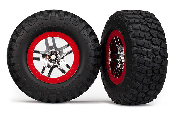 TRAXXAS SCT BFG Mud T/A KM2 Tyres on Split Spoke Chrome Wheel w/ Red Beadlock 2pcs - 6873A