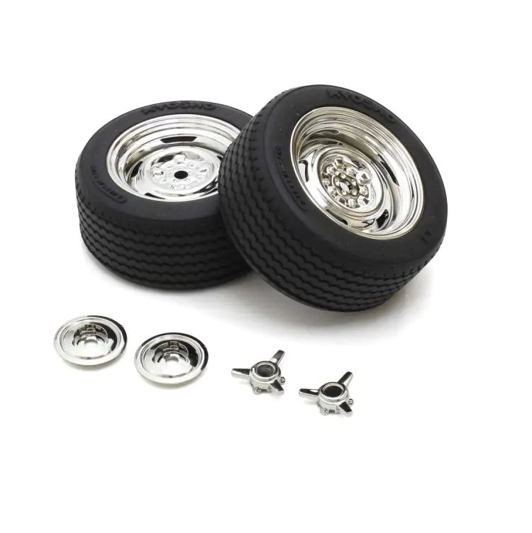 KYOSHO Classic Rally Tyre on Chrome 5-Slot Wheels w/ Hubcaps & 3-Ear Spinner Nuts 2pcs/ea - KYO-FATH707SMM