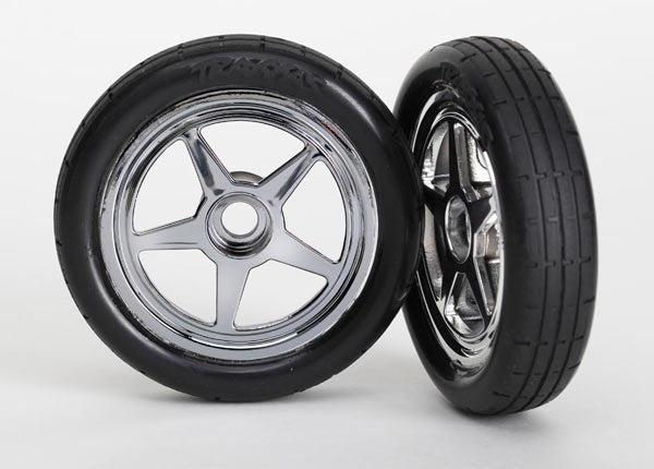 TRAXXAS Ribbed Drag Tyres on Chrome 5-Spoke Wheels 2pcs - 6975