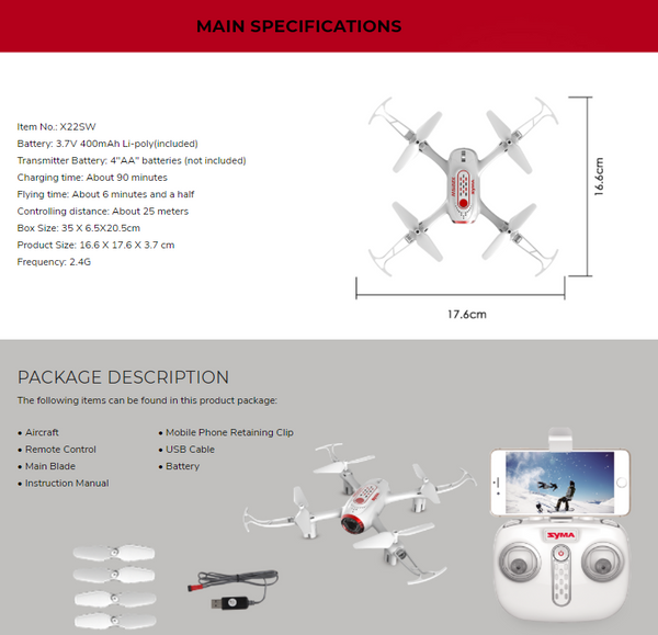 SYMA X22SW FPV Drone with 2.4Ghz Radio with LVP, 480P Camera, Battery & Charger - SYM-X22SW