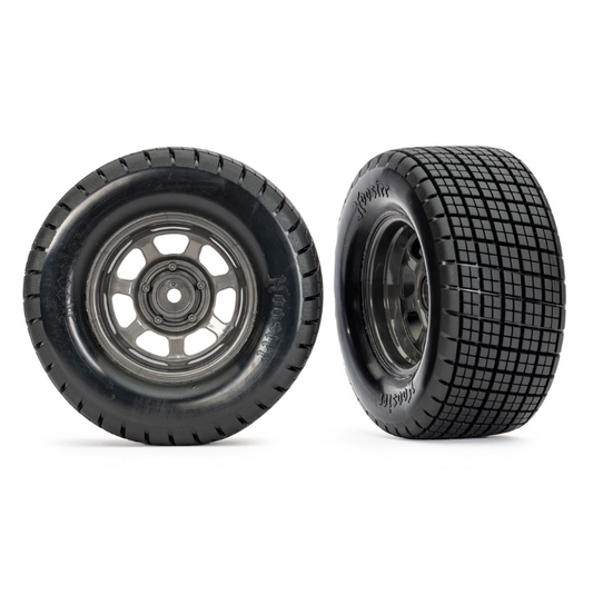 TRAXXAS Fr Hoosier Dirt Oval Tyres on Grey Steelie Wheels suit Slash Modified 2pcs - 10473X