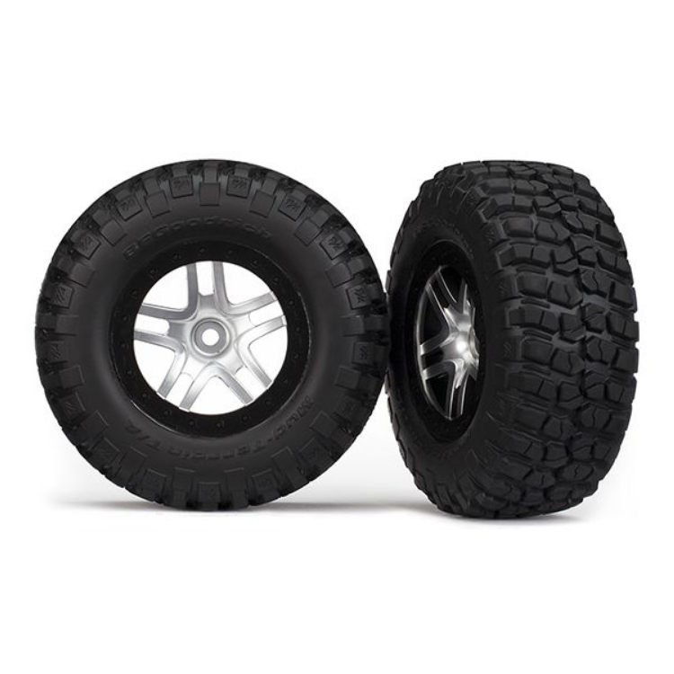 TRAXXAS SCT BFG Mud T/A KM2 Tyres on Split Spoke Satin Chrome Wheel w/ Black Beadlock 2pcs - 5877