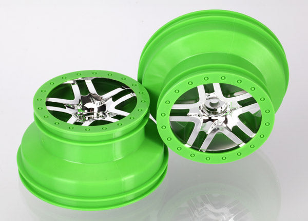 TRAXXAS SCT Split Spoke Chrome Wheels w/ Green Beadlock 2pcs - 6872X