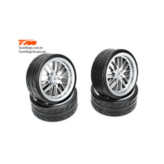 TEAM MAGIC 1:10 Drift Radial Tyre on 8 Spoke Fog Silver Wheel 4pcs - TM503330FS