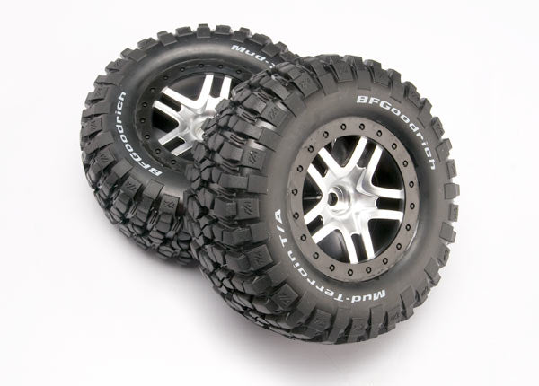 TRAXXAS SCT BFG Mud T/A KM2 Tyres on Split Spoke Satin Chrome Wheel w/ Black Beadlock 2pcs - 5877