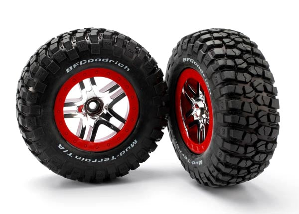 TRAXXAS SCT S1 BFG T/A KM2 Mud Tyres on Chrome Split Spoke Wheels w/ Red Beadlock 2pcs - 5877R
