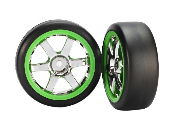 TRAXXAS 1:16 1.9in Gymkhana Slick Tyres on Volk Racing TE37 Green/ Chrome Wheels 2pcs - 7375