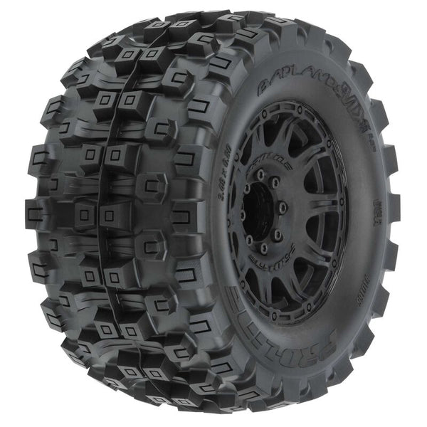 PROLINE BADLANDS 1:8 MX38 HP Belted Monster Trucks Tyre on 3.8in Black Wheels 2pcs - PR10166-10