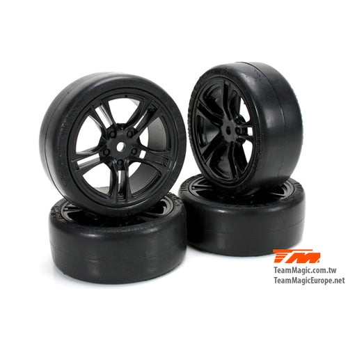 TEAM MAGIC Slick Rubber Tyre on 10-spoke Black Wheel 4pck - TM503329BK