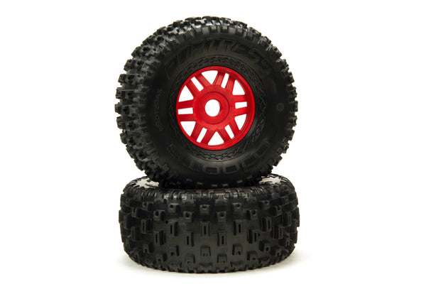ARRMA DBOOTS FORTRESS 1:7 2.4/ 3.3 All Terrain Tyre on Red Spoked Wheel 17mm Hex suit Mojave 2pcs AR550065 - ARA550065
