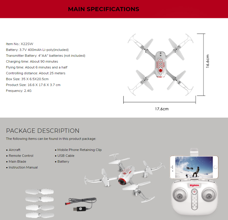 SYMA X22SW FPV Drone with 2.4Ghz Radio with LVP 480P Camera